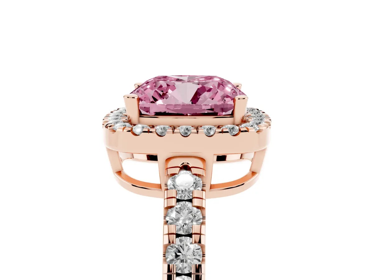 Fancy Pink Cushion Cut Diamond Halo Ring with Pavé Band and Four-Prong Setting Rose gold