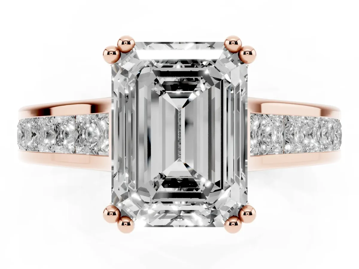 Emerald Cut Cut Channel Set Solitaire Engagement Ring with Prong Setting Rose gold