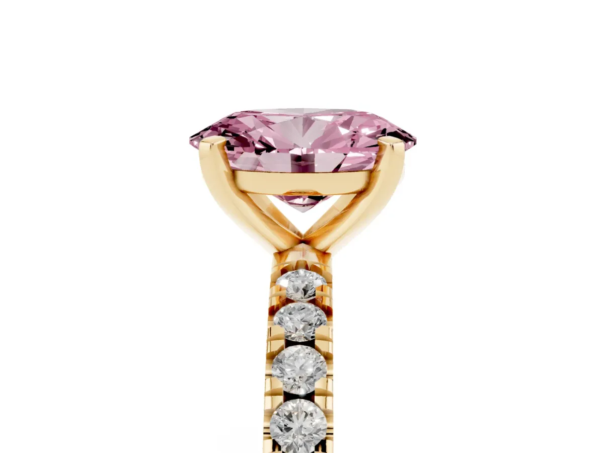Fancy Pink Oval Cut Diamond Pavé Band Solitaire with Four-Prong Setting Yellow gold