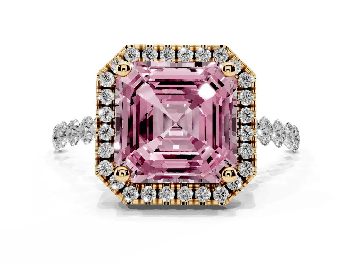 Fancy Pink Asscher Cut Halo Pavé Diamond Engagement Ring with Four-Prong Setting Yellow gold