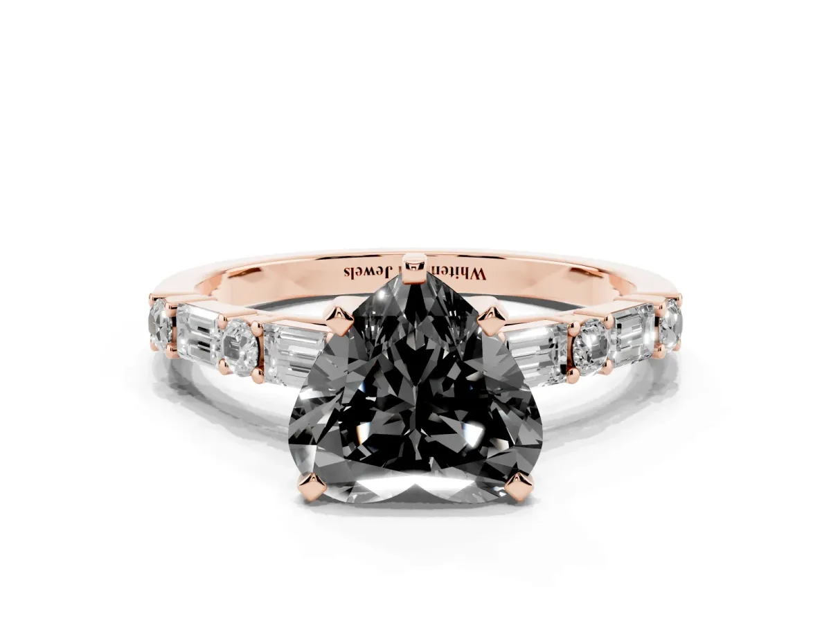 Fancy Black Heart Cut Diamond Solitaire with Side Baguettes and Channel Set Band Rose gold
