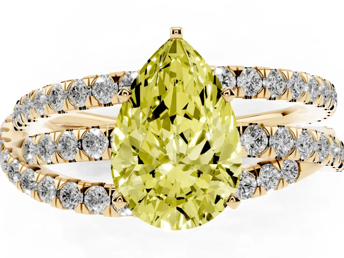 Fancy Yellow Pear Cut Solitaire Twist Band with Pavé Setting and Four-Prong Setting Yellow gold