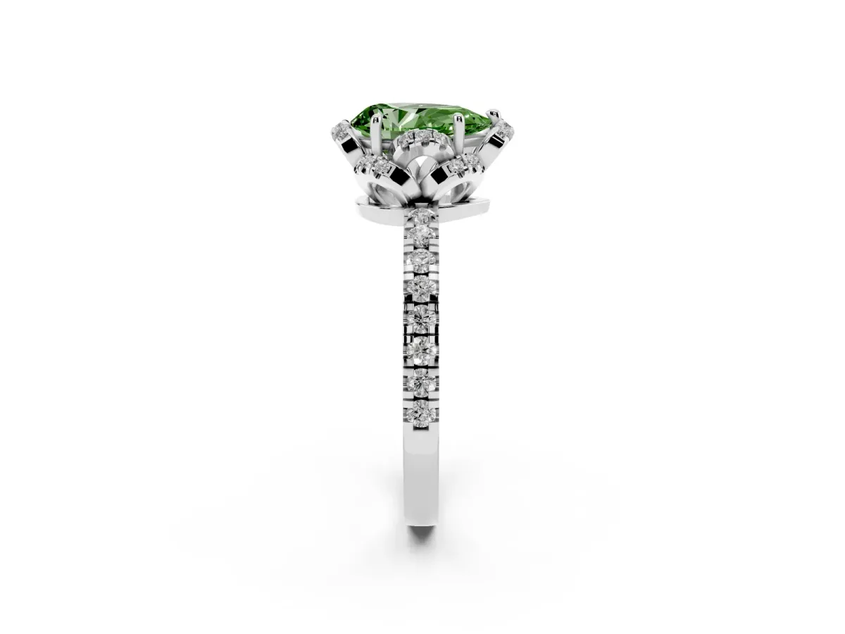 Fancy Green Pear Cut Diamond Halo Pave Band with Four-Prong Setting Silver