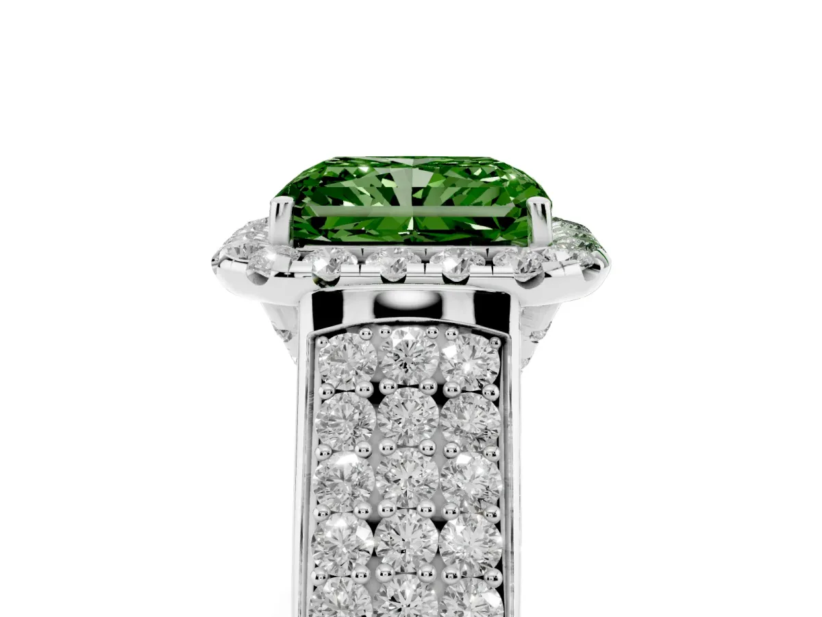 Fancy Green Radiant Cut Halo Round Diamond Pave Band with Prong Setting Silver