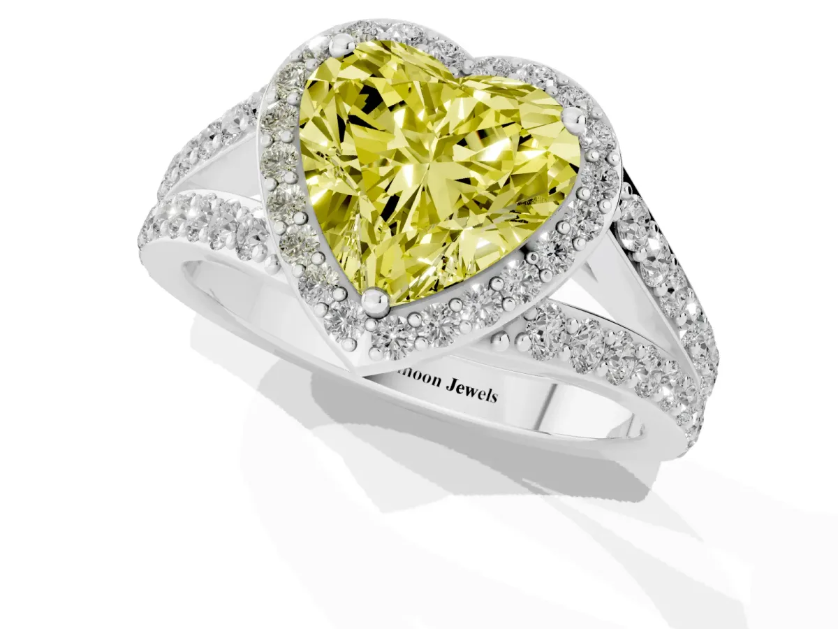 Fancy Yellow Heart Cut Diamond Split Shank Halo Ring with Four-Prong Setting Platinum