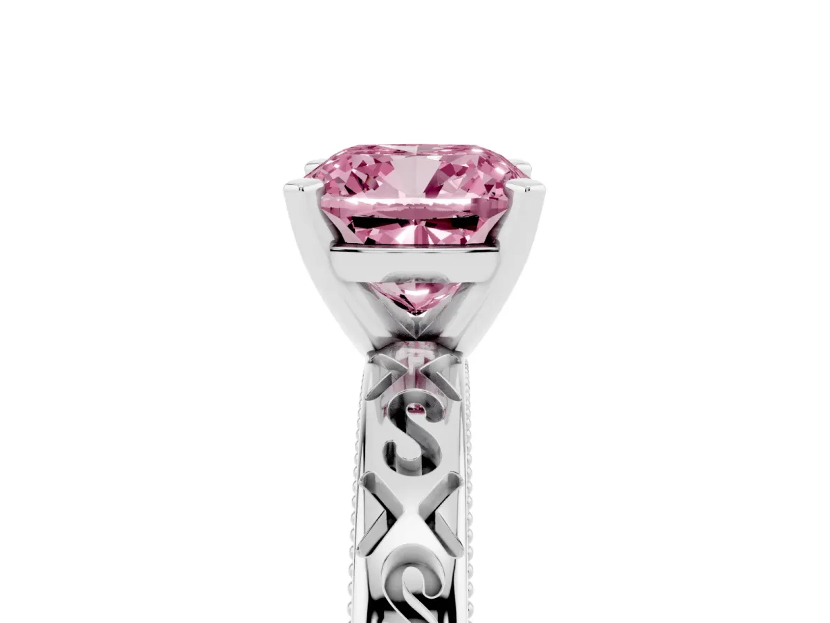 Fancy Pink Cushion Cut Solitaire Engagement Ring with Scrollwork Band and Four-Prong Setting Platinum