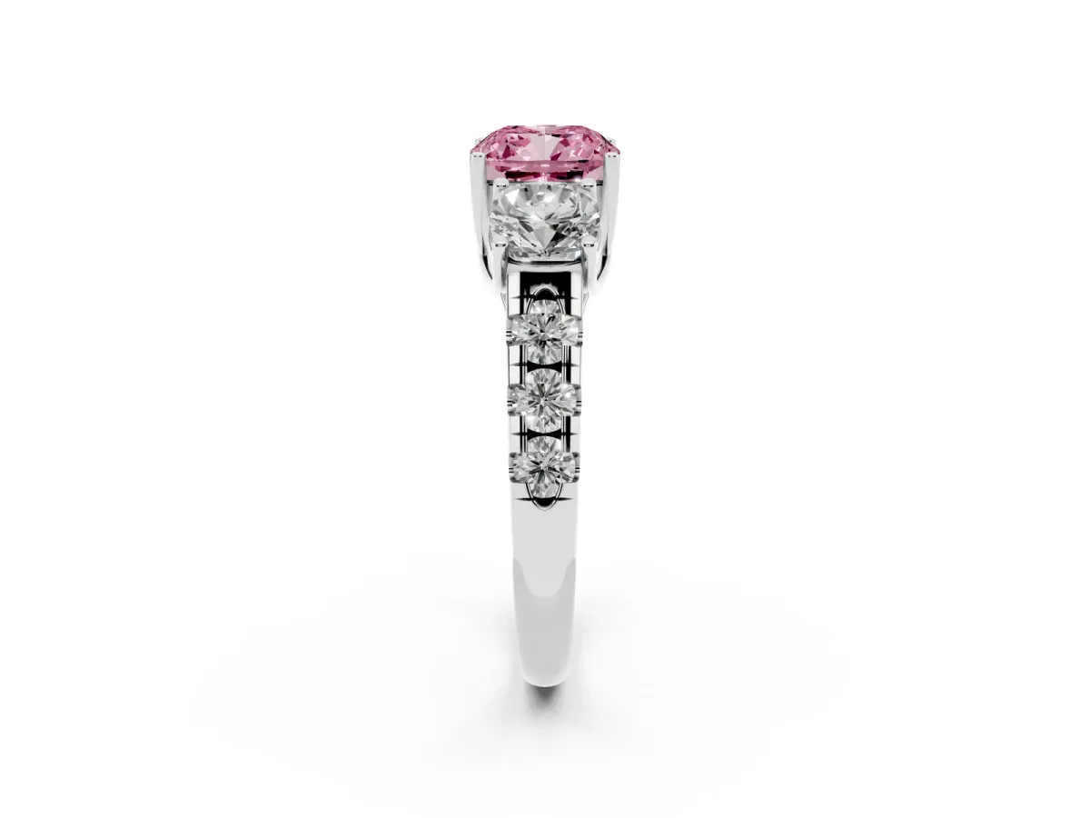 Fancy Pink Three-Stone Cushion Cut Diamond Pavé Band with Prong Setting Platinum