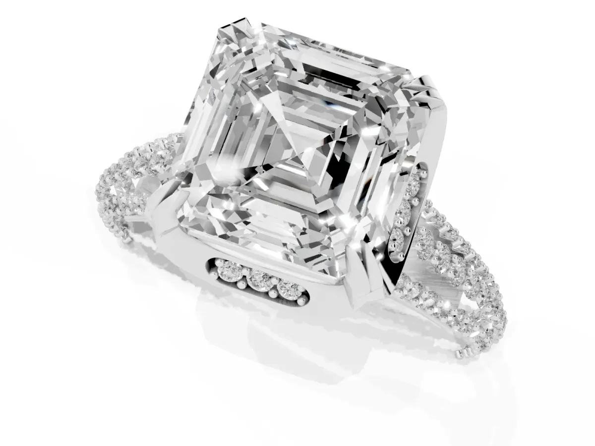 Asscher Cut Solitaire Pave Split Shank Ring with Four-Prong Setting Platinum
