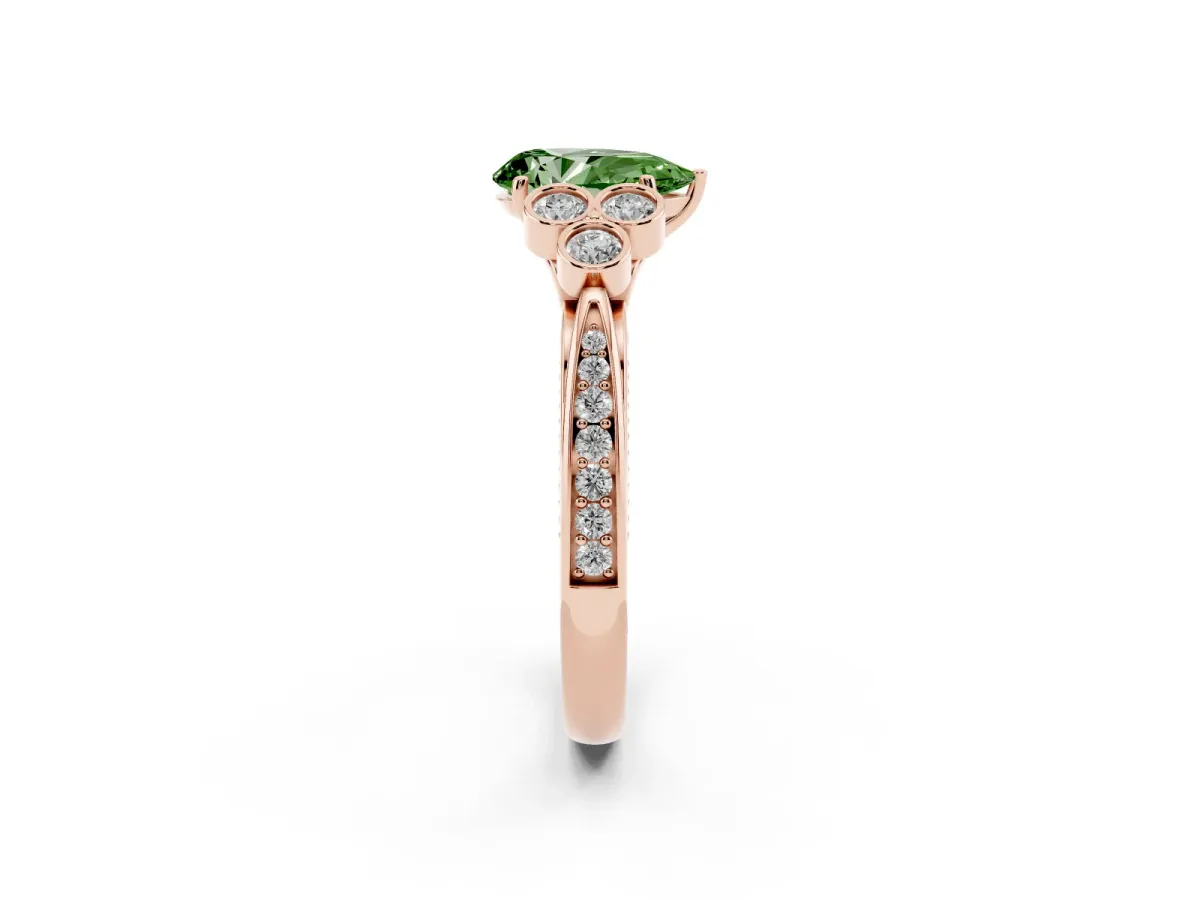 Fancy Green Pear Cut Cut Diamond Engagement Ring with Bezel Set Round Side Stones and Prong Setting Rose gold