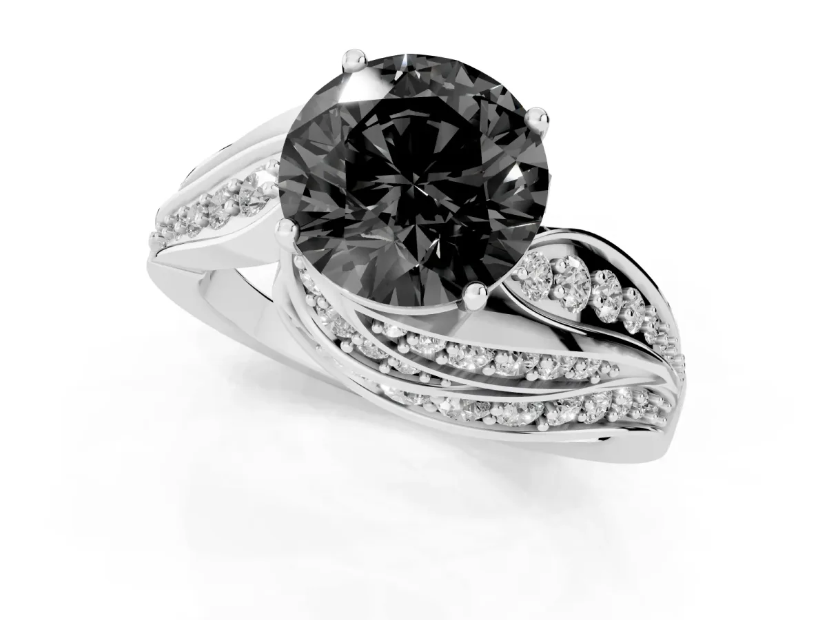 Fancy Black Round Cut Diamond Solitaire Ring with Prong Setting and Twisted Pavé Band Silver