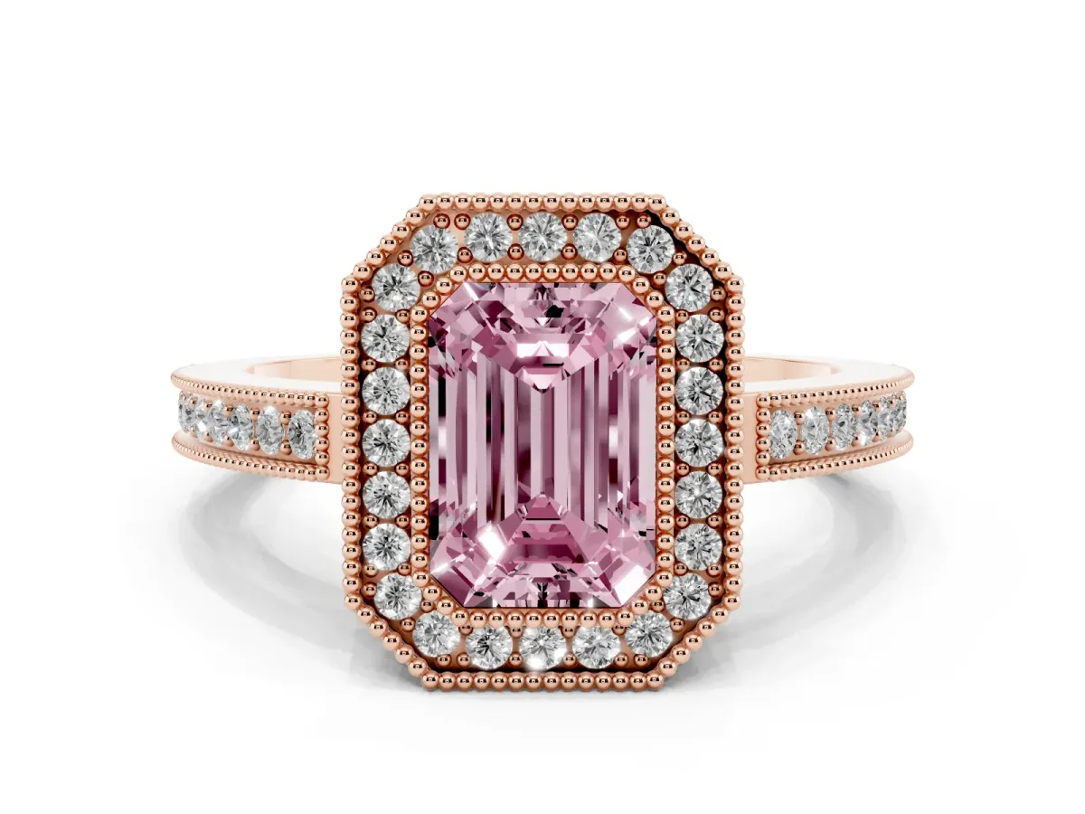 Fancy Pink Emerald Cut Cut Halo Diamond Ring with Pavé Band and Milgrain Prong Setting Rose gold