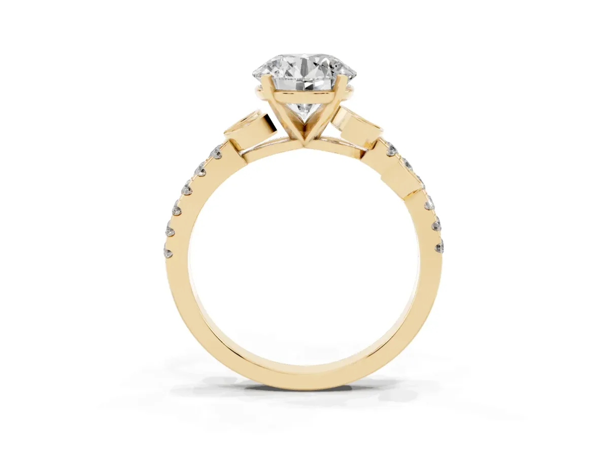 Round Cut Solitaire Leaf-Inspired Diamond Ring with Pavé Band and Four-Prong Setting Yellow gold