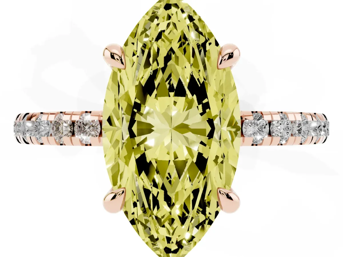 Fancy Yellow Marquise Cut Diamond Brilliant Solitaire Ring with Pavé Band and Four-Prong Setting Rose gold