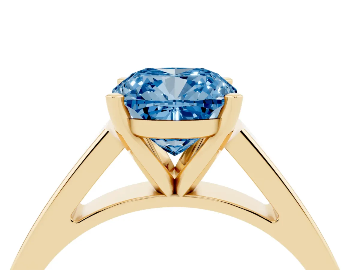 Fancy Blue Cushion Cut Solitaire Engagement Ring with Four-Prong Setting and Tapered Band Yellow gold