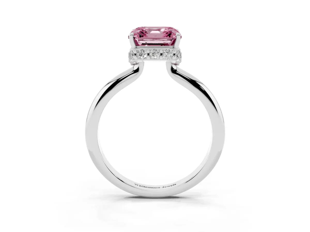 Fancy Pink Asscher Cut Brilliant Solitaire Engagement Ring with Six-Prong Setting and Classic Band Silver