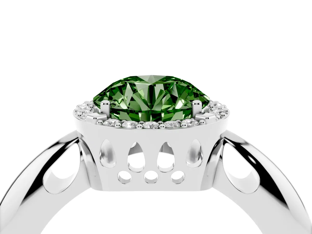 Fancy Green Round Cut Cut Diamond Halo Engagement Ring with Split Shank and Four-Prong Setting Silver
