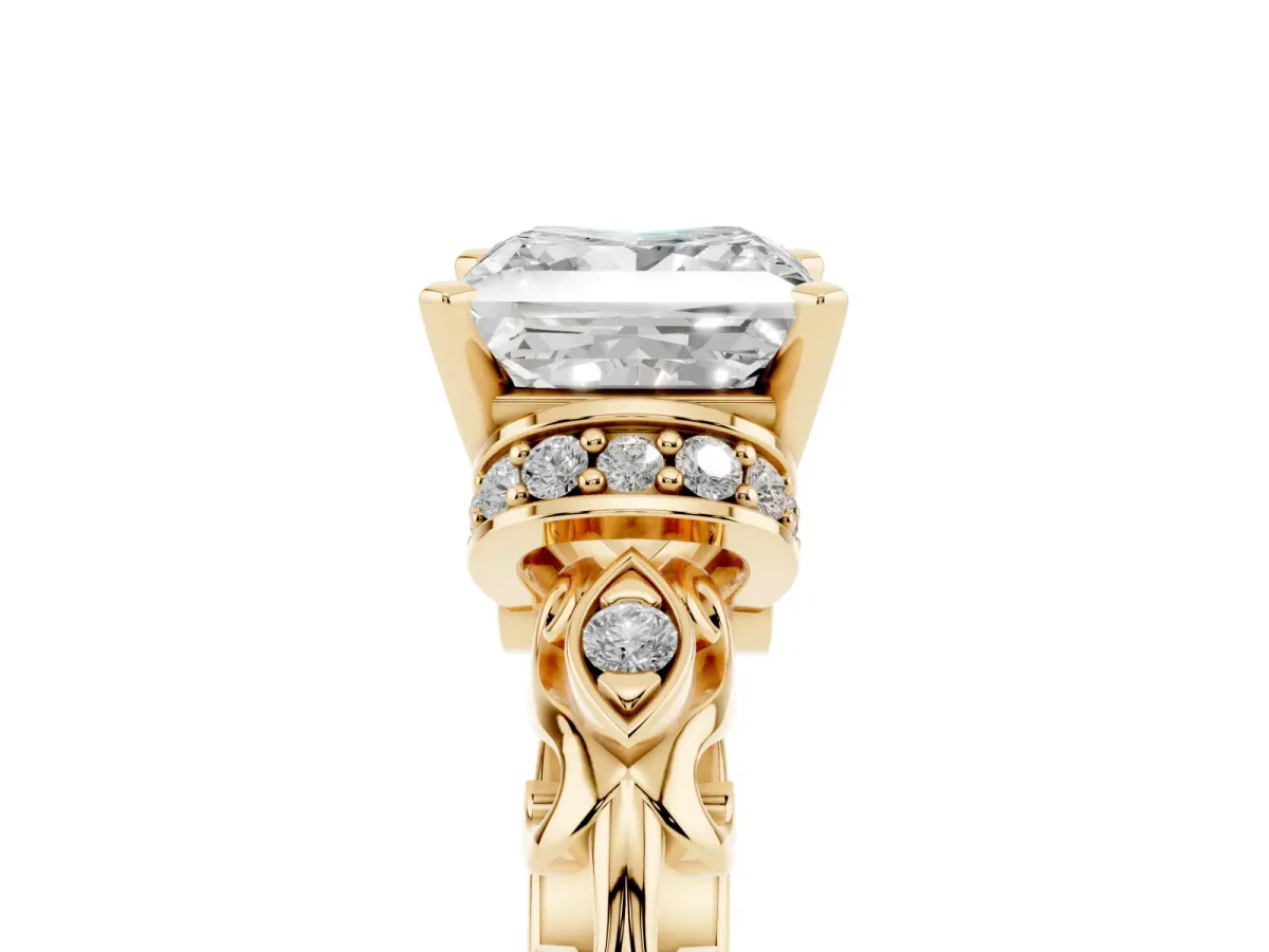 Princess Cut Diamond Solitaire Ring with Filigree Band and Four-Prong Setting Yellow gold
