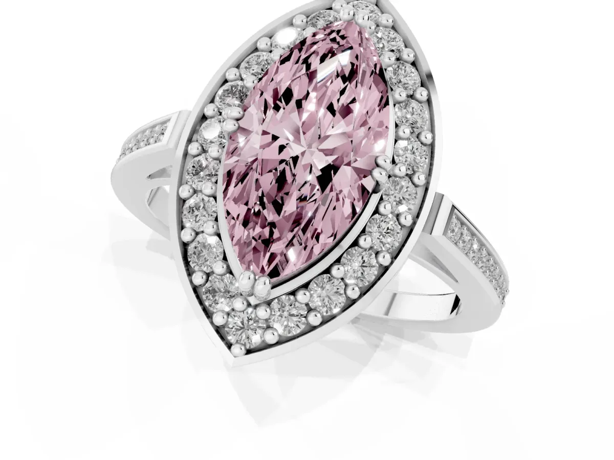 Fancy Pink Marquise Cut Diamond Halo Ring with Split Shank and Four-Prong Setting Silver