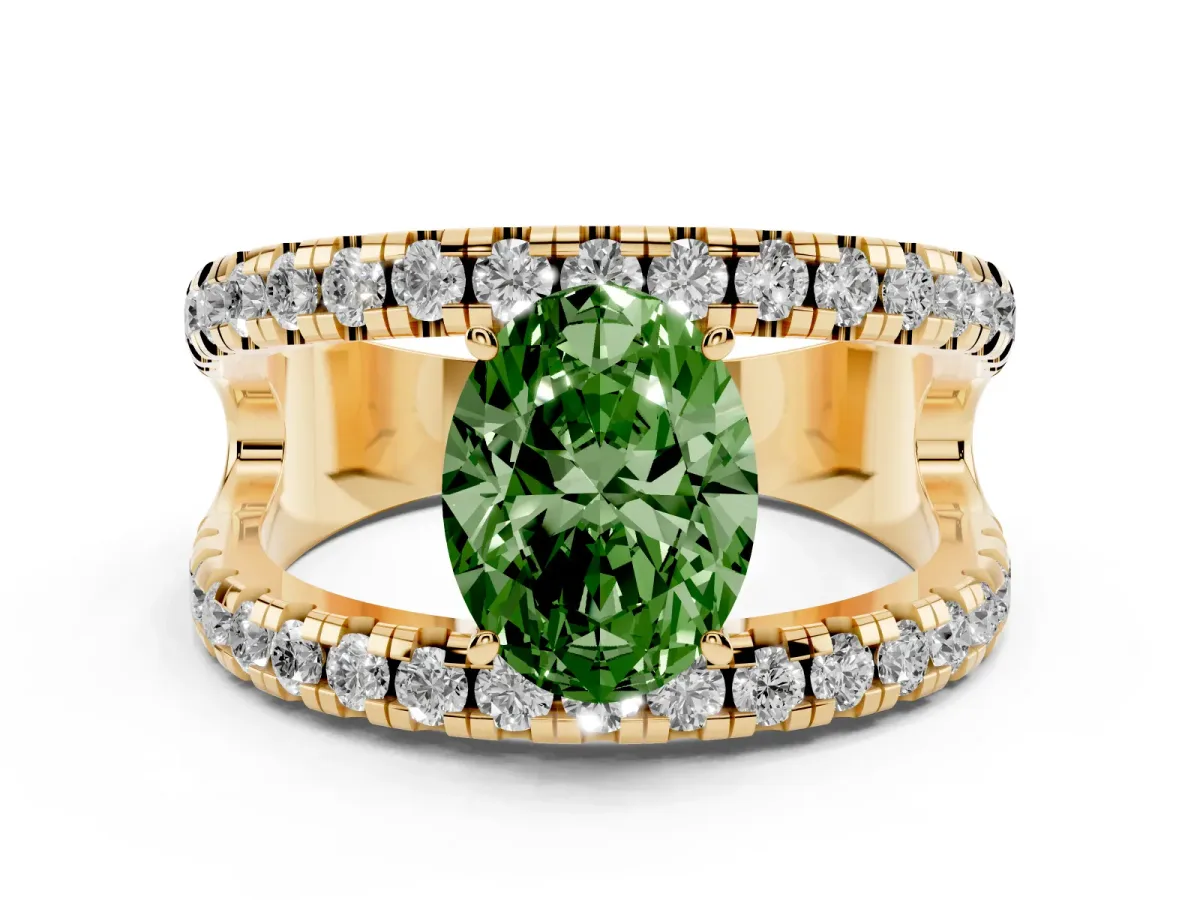 Fancy Green Oval Cut Solitaire Split Shank Pave Diamond Ring Yellow gold