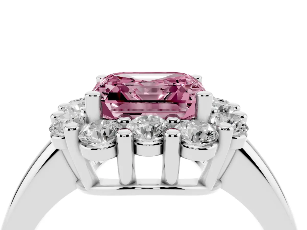 Fancy Pink Asscher Cut Halo Cluster Diamond Engagement Ring with Prong Setting and Polished Band White gold
