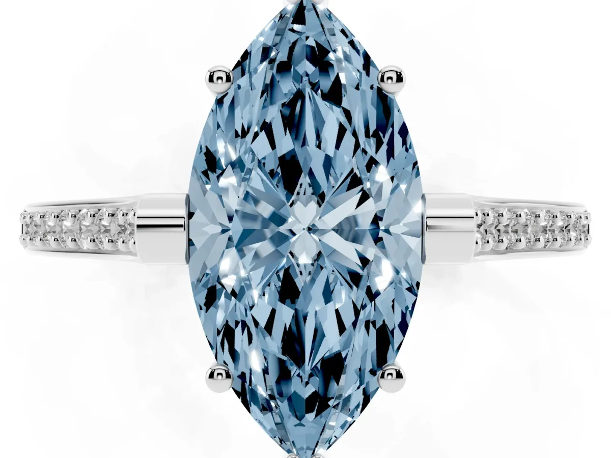 Fancy Blue Marquise Cut Solitaire Diamond Ring with Channel Set Band and Bezel Prong Setting Platinum