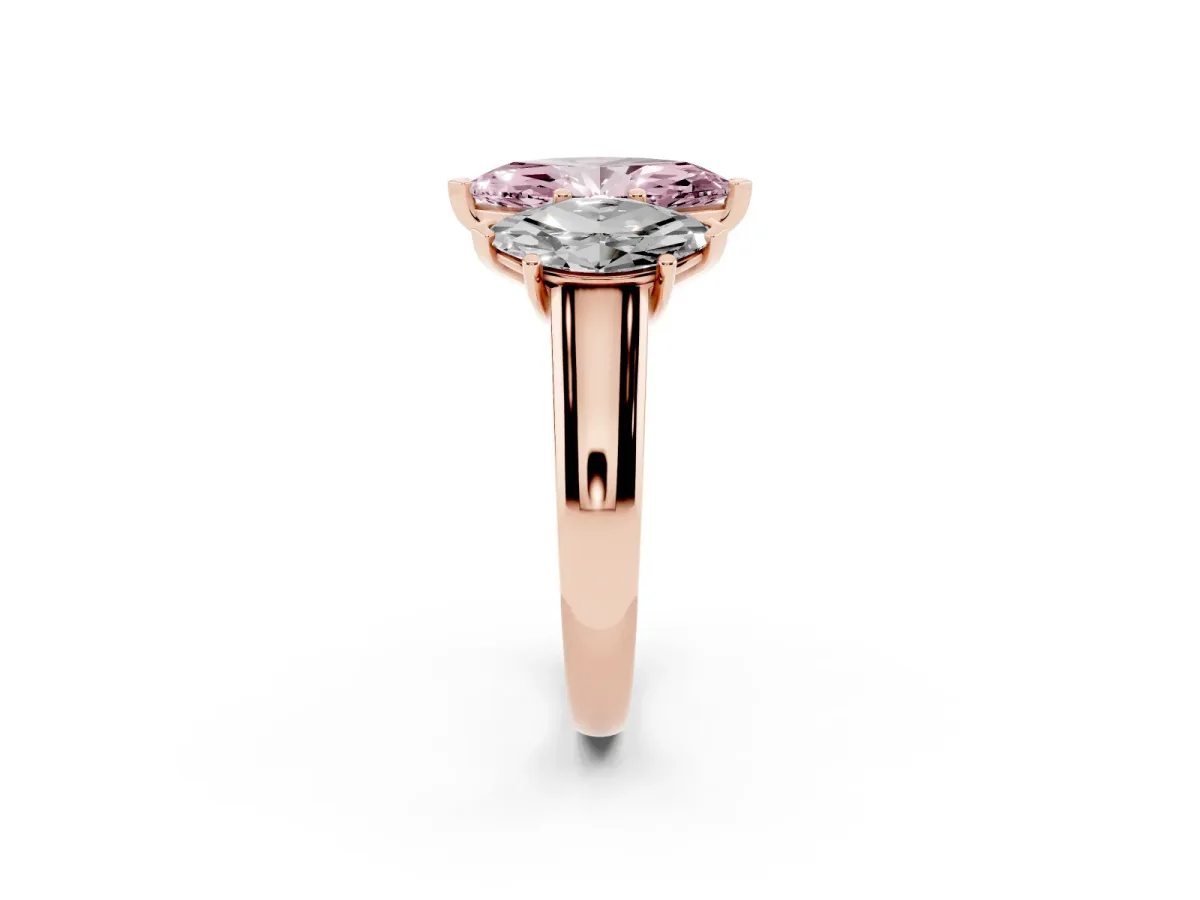 Fancy Pink Marquise Cut Three-Stone Diamond Ring with Prong Setting on a Classic Band Rose gold