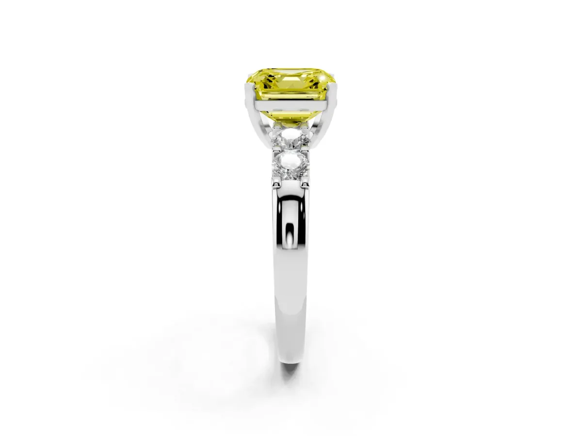 Fancy Yellow Asscher Cut Brilliant Cut Diamond Five-Stone Prong Set Engagement Ring with Channel Band Platinum