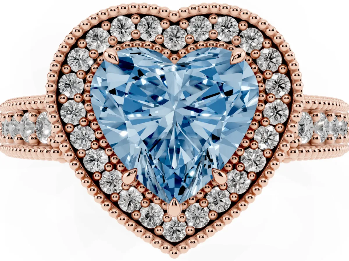 Fancy Blue Heart Cut Cut Halo Diamond Ring with Pavé Band and Four-Prong Setting Rose gold