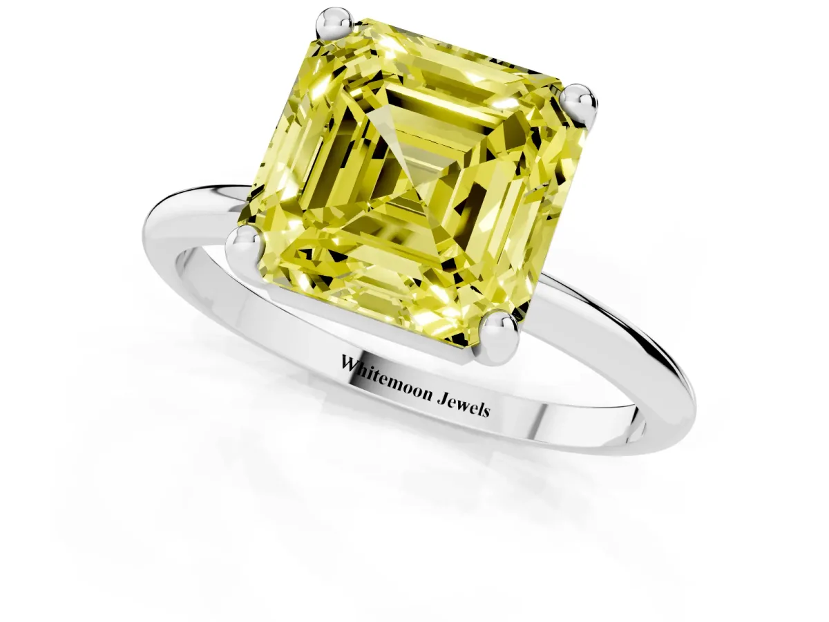 Fancy Yellow Asscher Cut Solitaire Diamond Ring with 4-Prong Setting on a Classic Band Silver