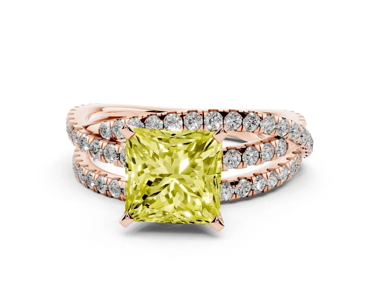 Fancy Yellow Princess Cut Solitaire Twist Band with Pavé Setting and Four-Prong Setting Rose gold