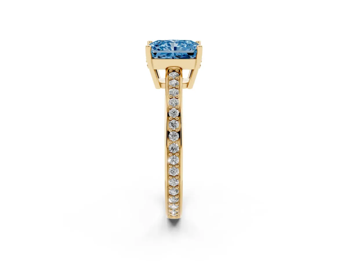 Fancy Blue Radiant Cut Solitaire Pavé Band Prong Setting Ring Yellow gold