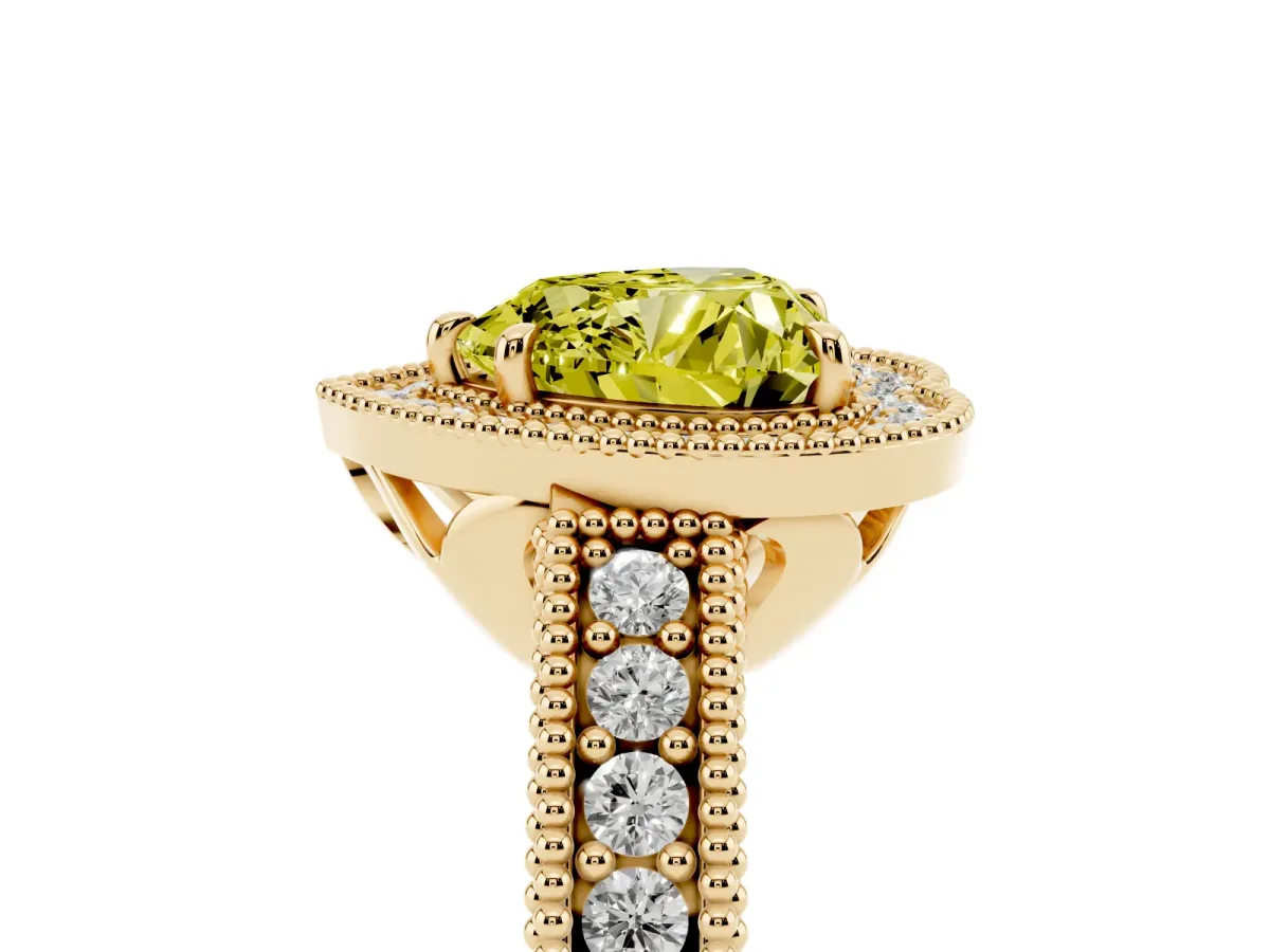 Fancy Yellow Heart Cut Cut Halo Diamond Ring with Pavé Band and Four-Prong Setting Yellow gold