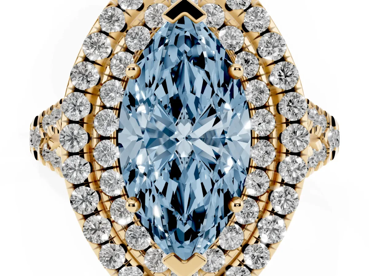 Fancy Blue Double Halo Marquise Cut Diamond Pavé Split Shank Ring with Prong Setting Yellow gold