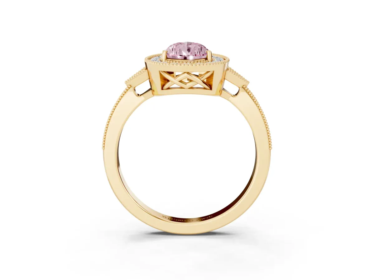 Fancy Pink Pear Cut Halo Round Diamond Milgrain Pave Engagement Ring Yellow gold