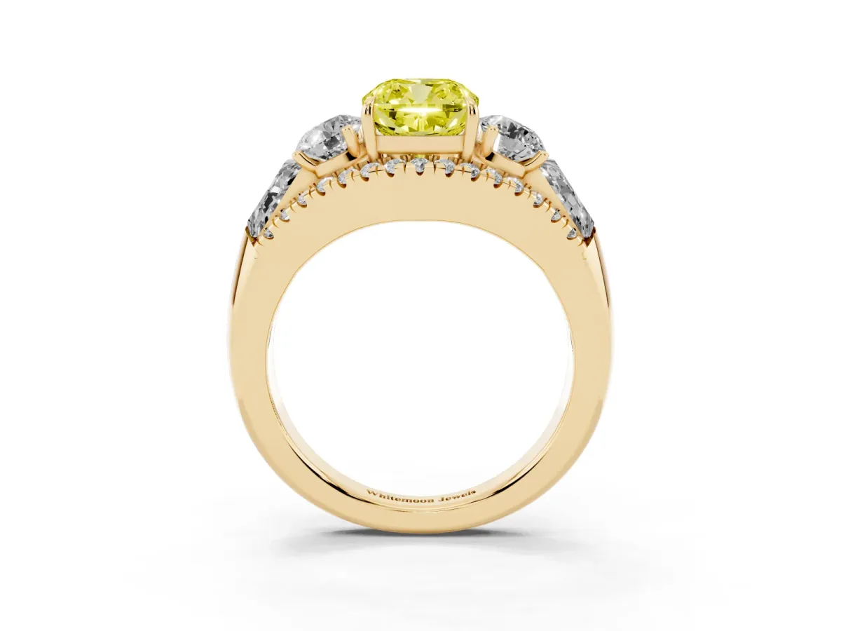 Fancy Yellow Three-Stone Cushion Cut Diamond Engagement Ring with Pave Band and Prong Setting Yellow gold
