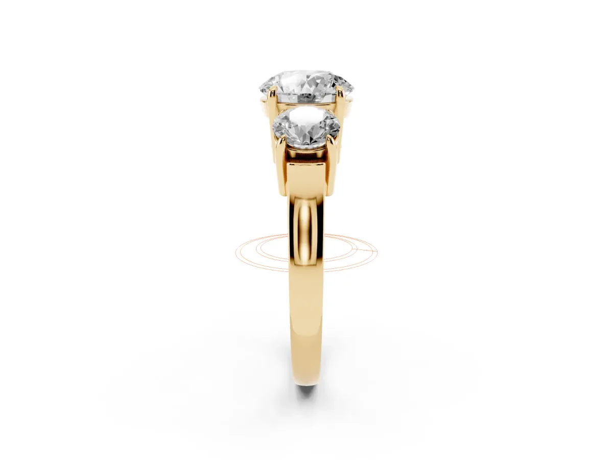Three-Stone Round Cut Cut Diamond Ring with Round Accent Stones, Prong Setting, and Classic Band Yellow gold