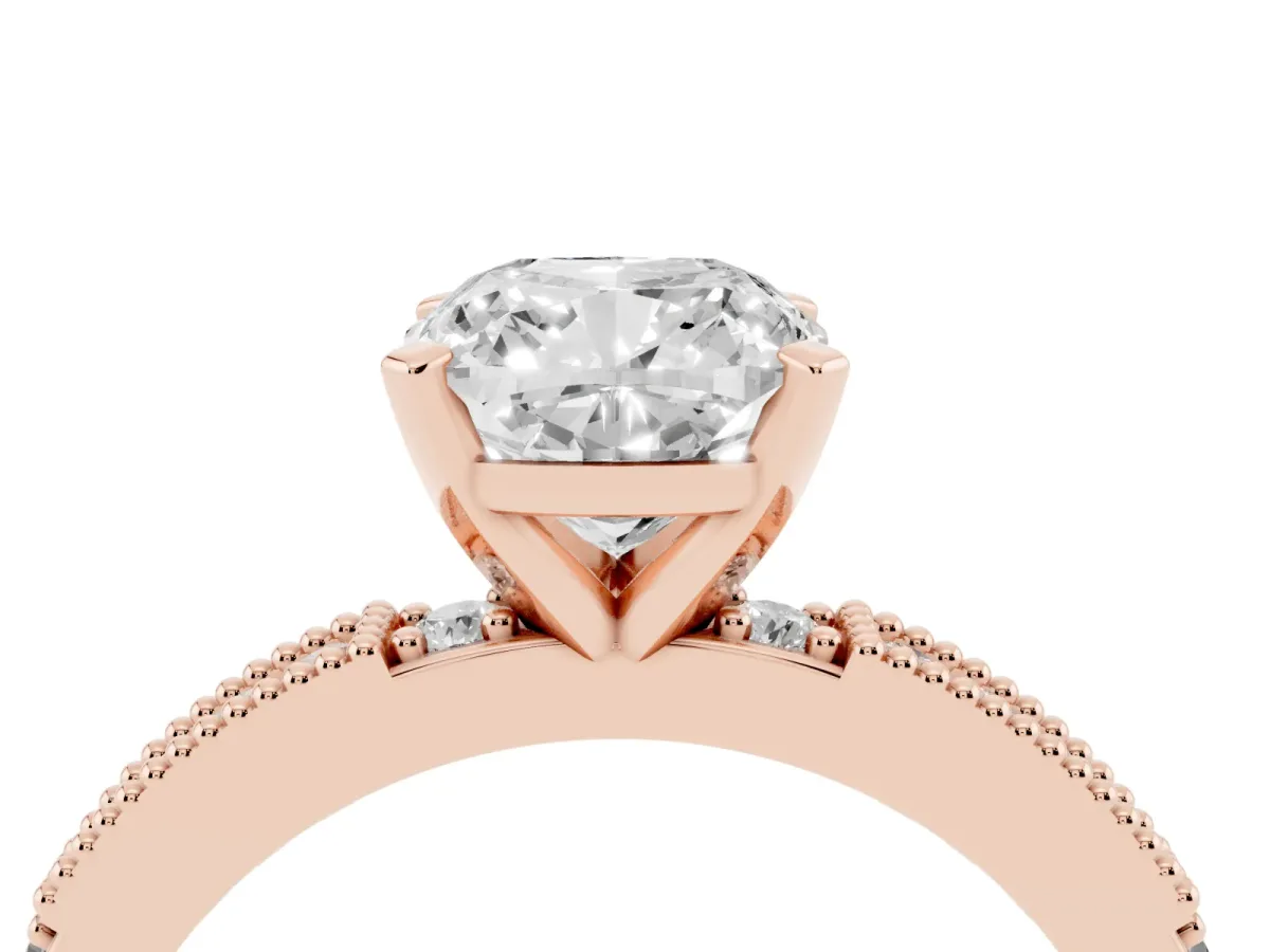 Cushion Cut Solitaire with Pavé Band and Four-Prong Setting Rose gold