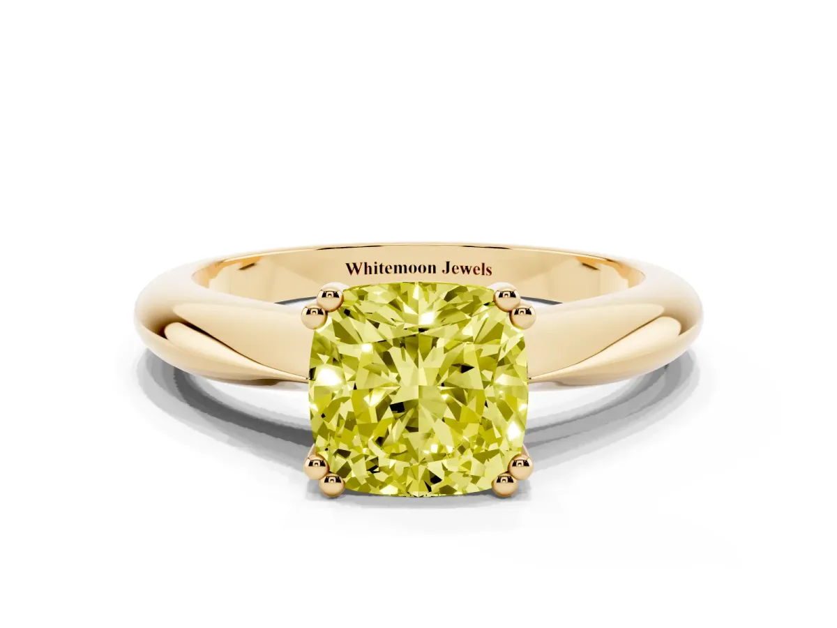 Fancy Yellow Cushion Cut Cut Solitaire Engagement Ring with Tapered Band and Four-Prong Setting Yellow gold