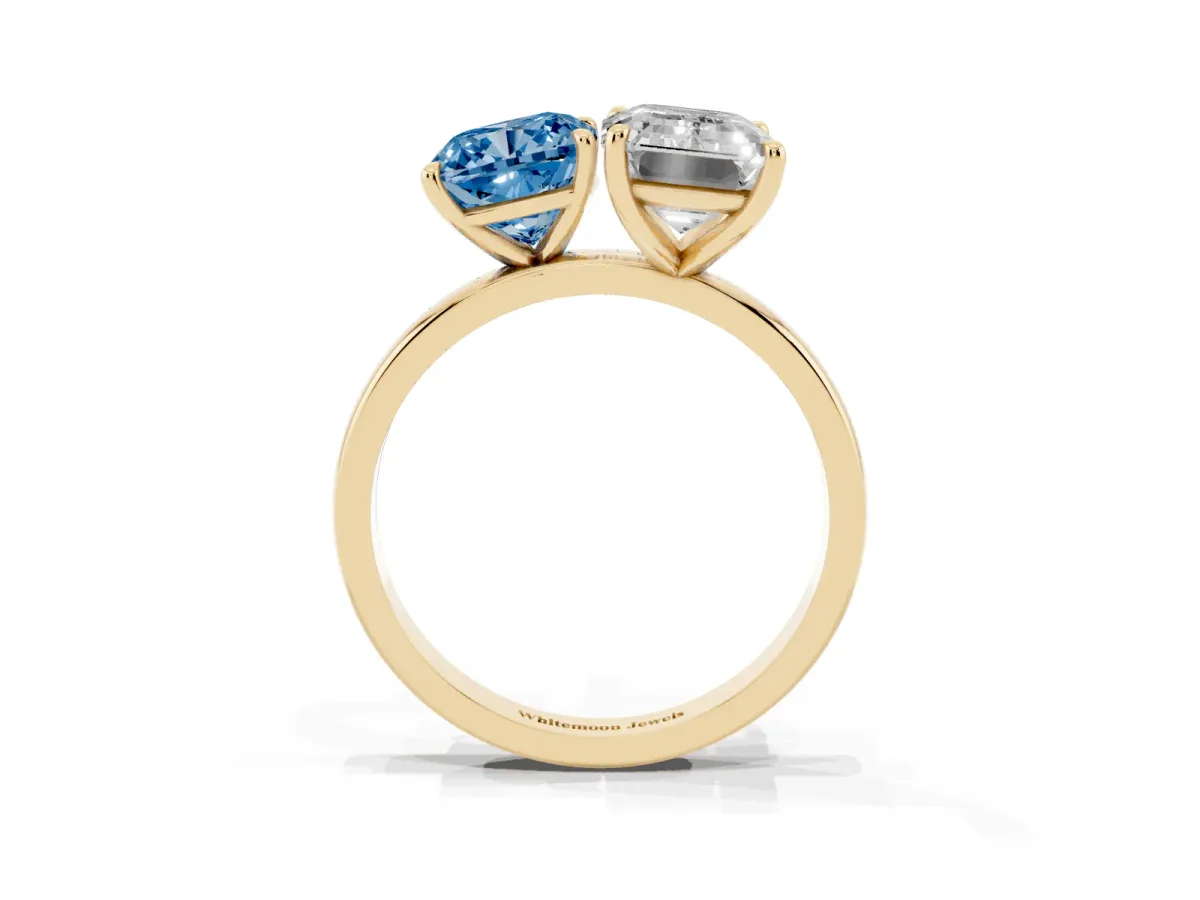 Fancy Blue Cushion Cut and Emerald Cut Toi Moi Ring with Prong Setting Yellow gold
