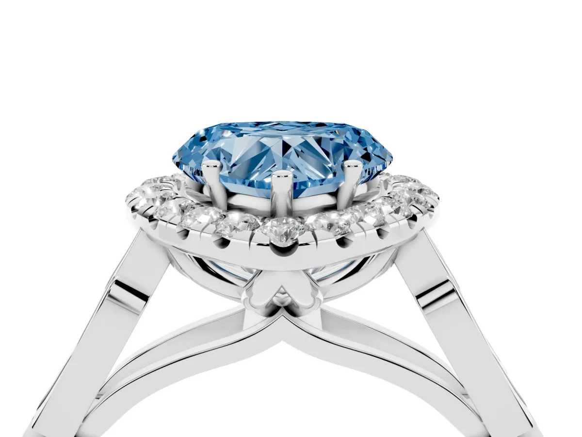 Fancy Blue Heart Cut Halo Diamond Engagement Ring with Filigree Band and Four-Prong Setting Silver