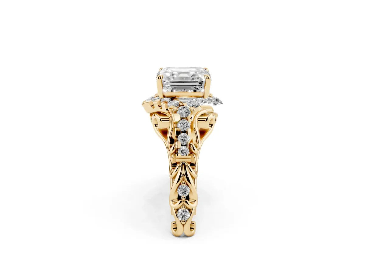 Asscher Cut Diamond Solitaire Ring with Hidden Halo and Pavé Band Yellow gold