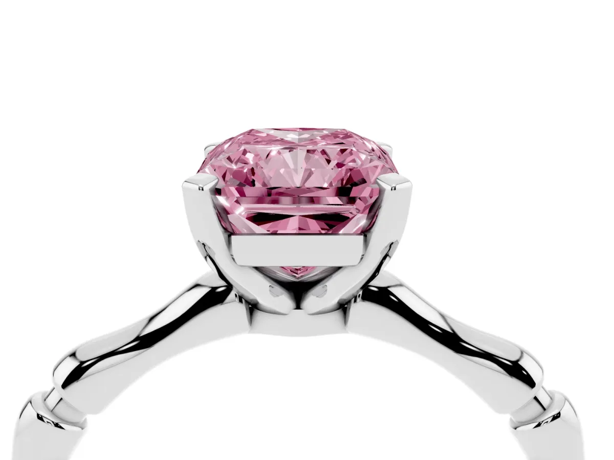 Fancy Pink Radiant Cut Solitaire Diamond Ring with Bamboo Band and Four-Prong Setting Silver