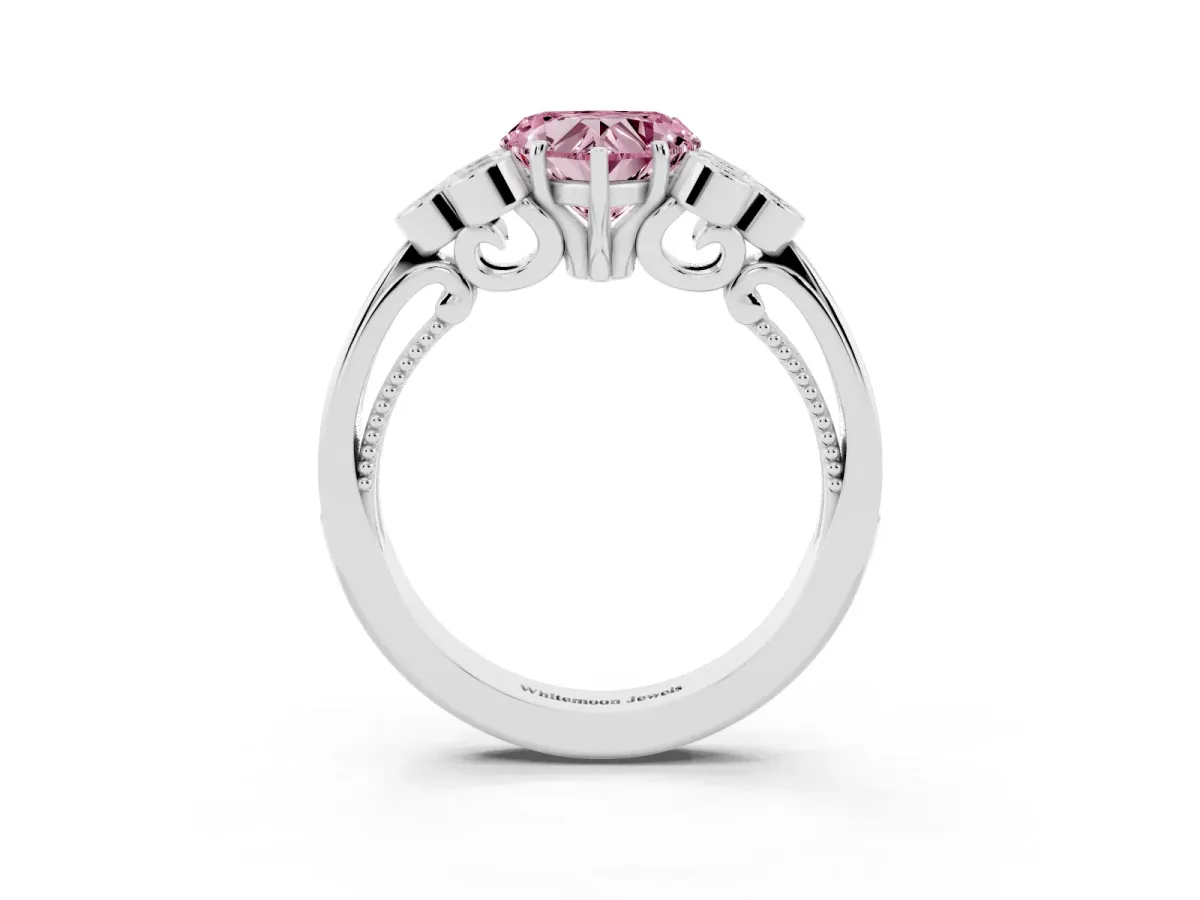 Fancy Pink Heart Cut Cut Diamond Engagement Ring with Bezel Set Round Side Stones and Prong Setting White gold