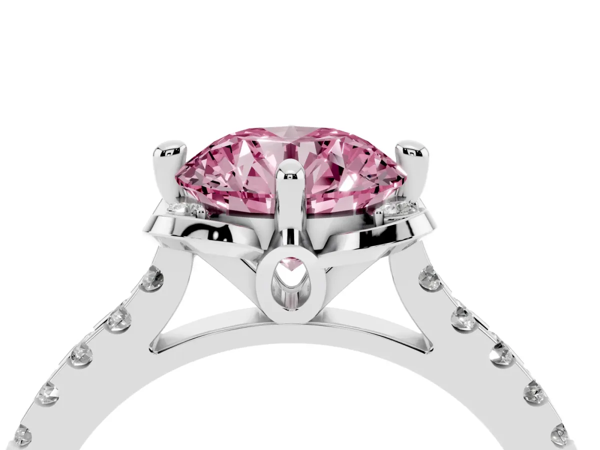 Fancy Pink Round Cut Diamond Ring with Pavé Band and Floral Prong Setting Silver
