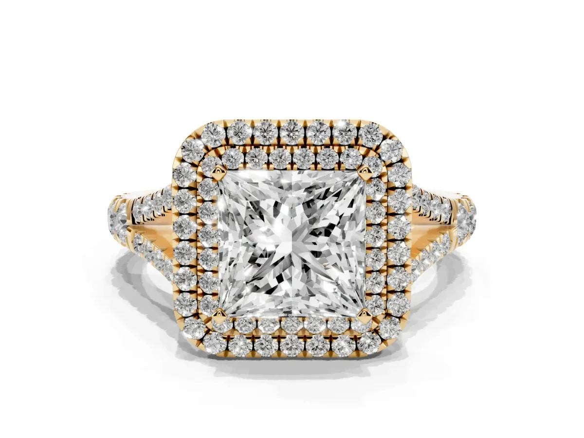 Princess Cut Cut Double Halo Split Shank Diamond Ring with Prong Setting Yellow gold