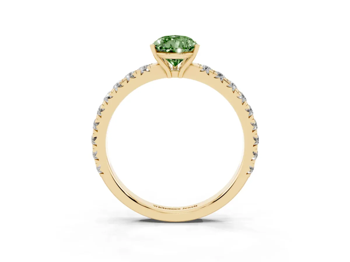 Fancy Green Pear Cut Diamond Pavé Solitaire Engagement Ring with Four-Prong Setting Yellow gold