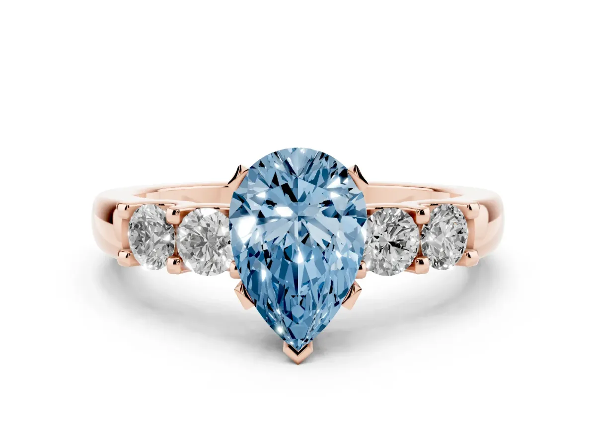 Fancy Blue Pear Cut Brilliant Cut Diamond Five-Stone Prong Set Engagement Ring with Channel Band Rose gold
