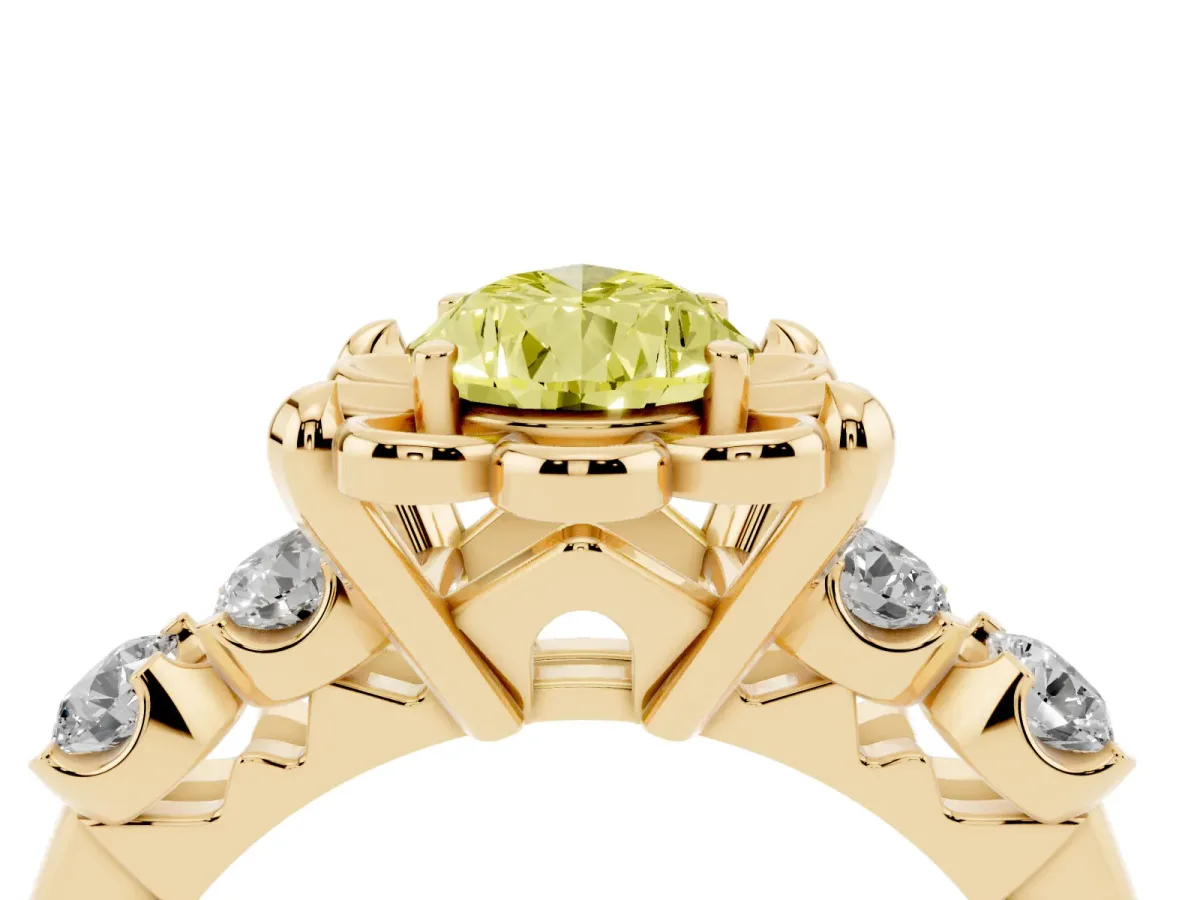Fancy Yellow Pear Cut Cut Diamond Floral Halo Engagement Ring with Shared Prong Setting Yellow gold
