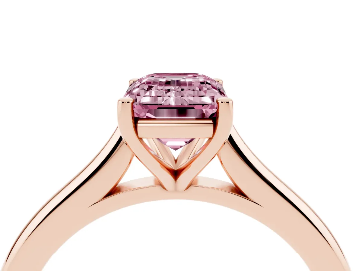 Fancy Pink Emerald Cut Cut Solitaire Ring with Cathedral Band and Four-Prong Setting Rose gold