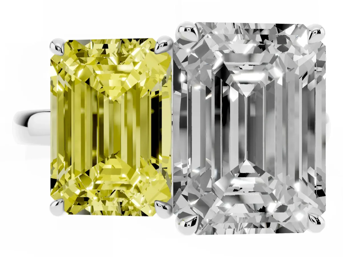 Fancy Yellow Emerald Cut and Emerald Cut Toi Moi Ring with Prong Setting Silver